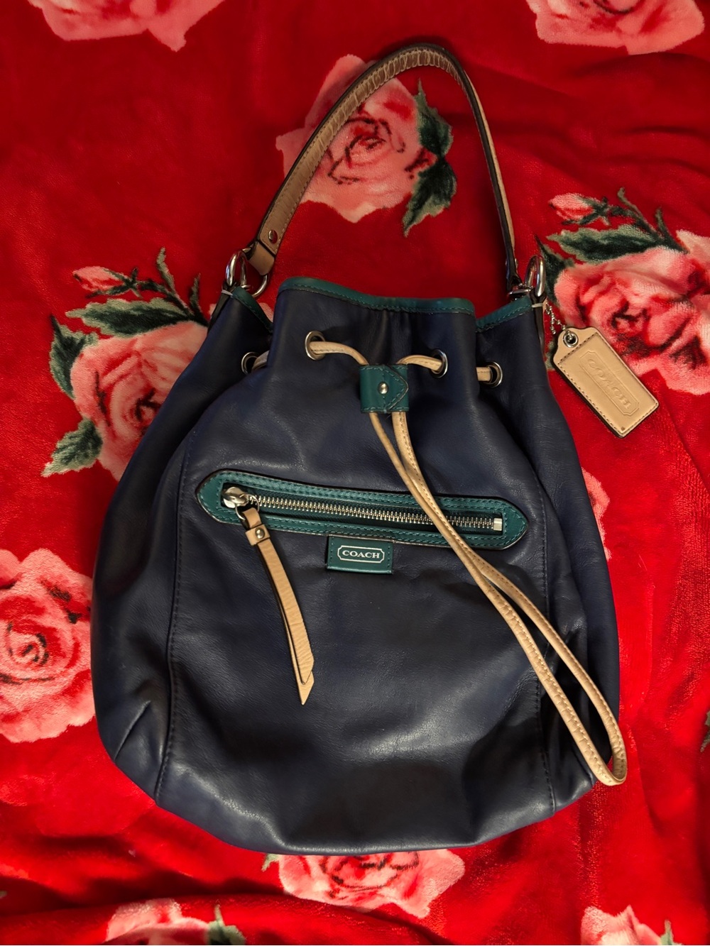 Coach Navy Blue Leather Drawstring Satchel with Teal and Tan Accents